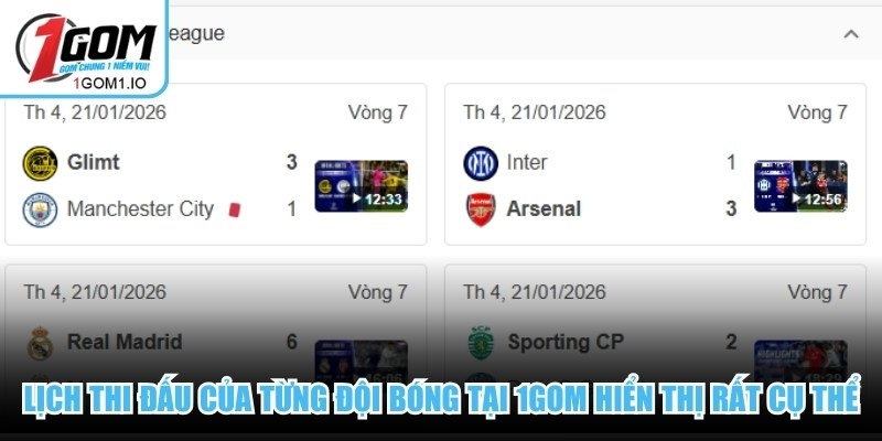 Lịch thi đấu của từng đội bóng tại 1Gom hiển thị rất cụ thể